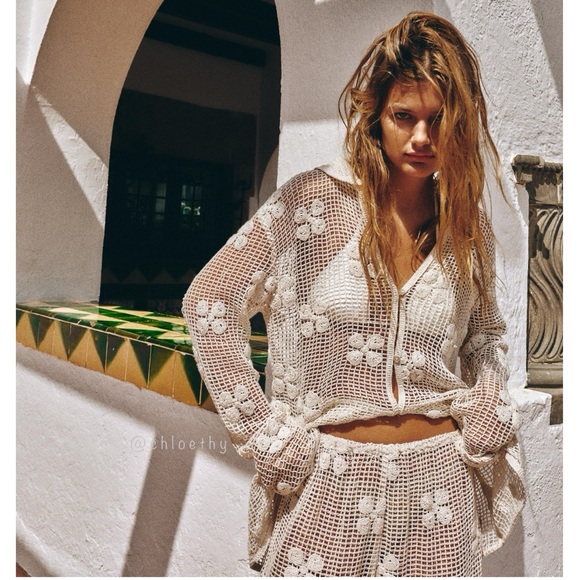 Zara Tops - Zara Cream Crochet Open-Knit Buttoned Top and Pant Set